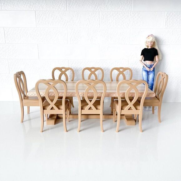 One-of-a-Kind Miniature Oak Wood Dining Trestle Table & 8 Chair Set 1:6 Scale - Picture 1 of 15